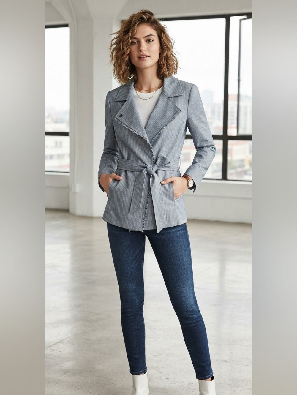 Banana Republic Fringe Tie Belted Blazer, chambray wrap jacket Size 12